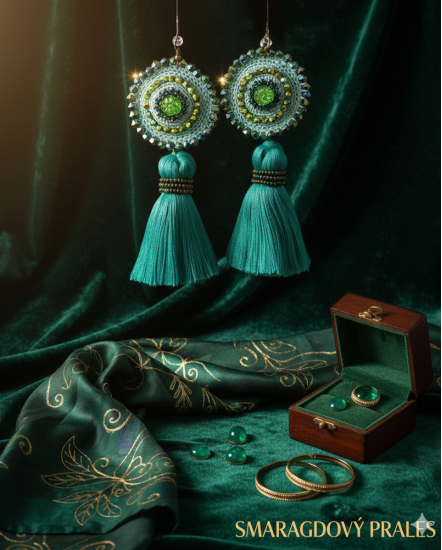 Háčkované dizajnové náušnice "Smaragdový prales"